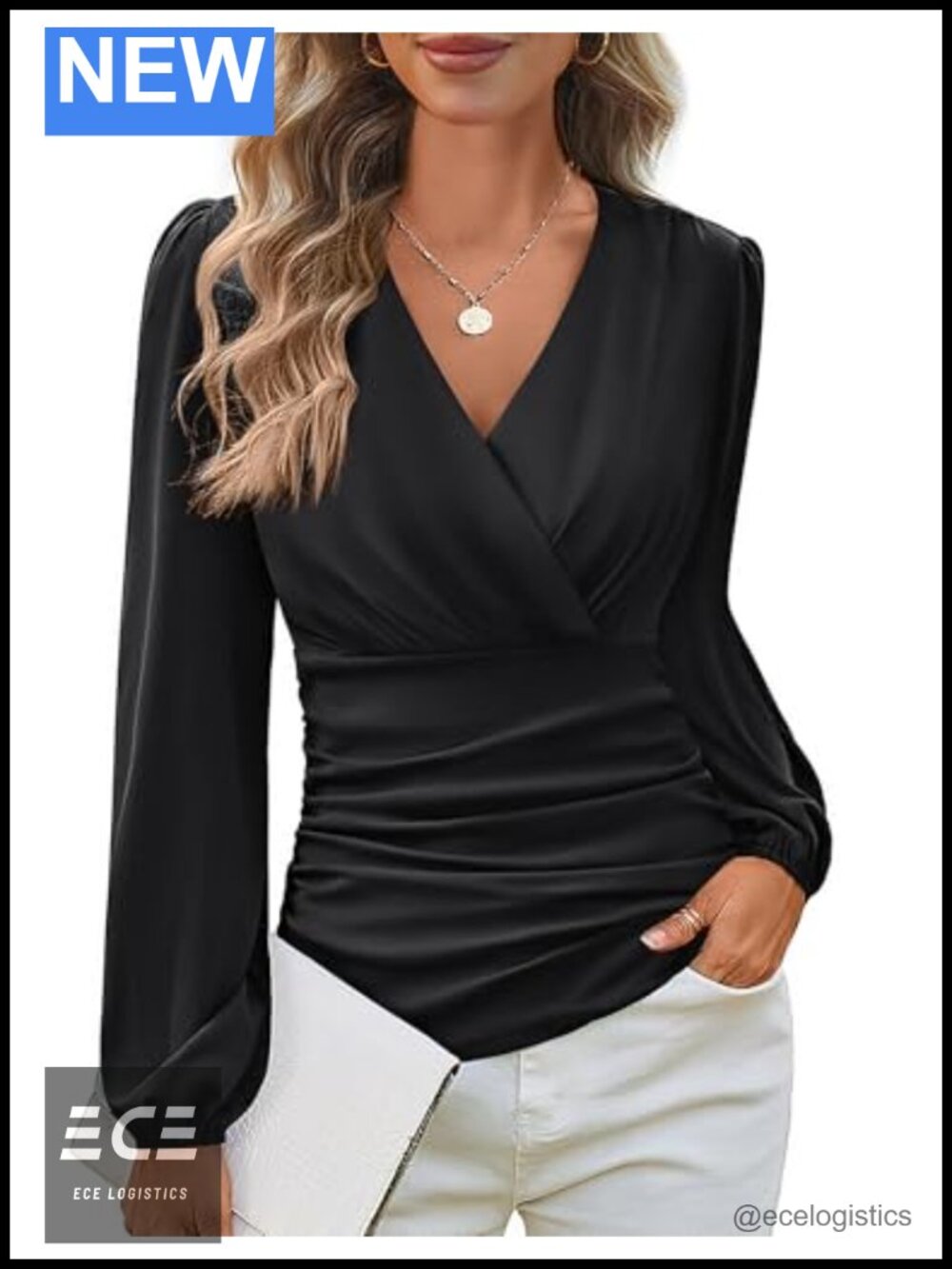 Women's Long Sleeve Wrap V-Neck Ruched Blouse Dressy Casual Top
